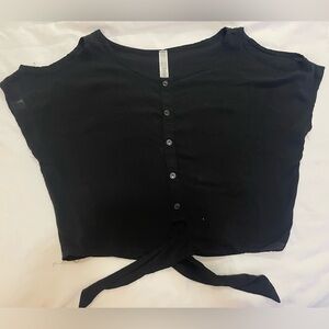 ESTAM Casual Black Button-Front Tie Crop Top - Women